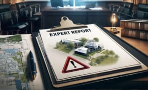A realistic courtroom or legal setting with a blurred background of a suburban road scene and a proposed construction site. In the foreground, a clipboard or open folder labeled “Expert Report” is visible. A spotlight effect emphasizes a section of the report marked with a warning symbol, symbolizing concerns about impartiality or conflicts of interest. A map or layout plan of the proposed childcare center is subtly placed beside the report, reflecting the planning and development context.