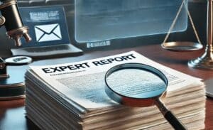 A realistic courtroom or tribunal setting with a stack of papers labeled “Expert Report” in the foreground. Next to it, a magnifying glass hovers over a section of the report, symbolizing the scrutiny of insufficient evidence. In the background, a digital device such as a laptop or email server displays an incomplete delivery receipt or email message, highlighting the technical issues. The scene emphasizes the failure of expert evidence, particularly in the context of IT and email-related disputes.